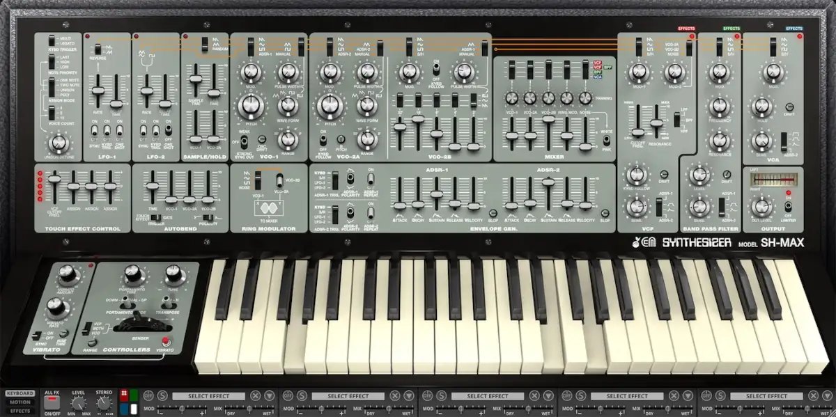 SH-MAXの画面(薄い緑色のパネル)。上に操作部、下に鍵盤が並ぶ