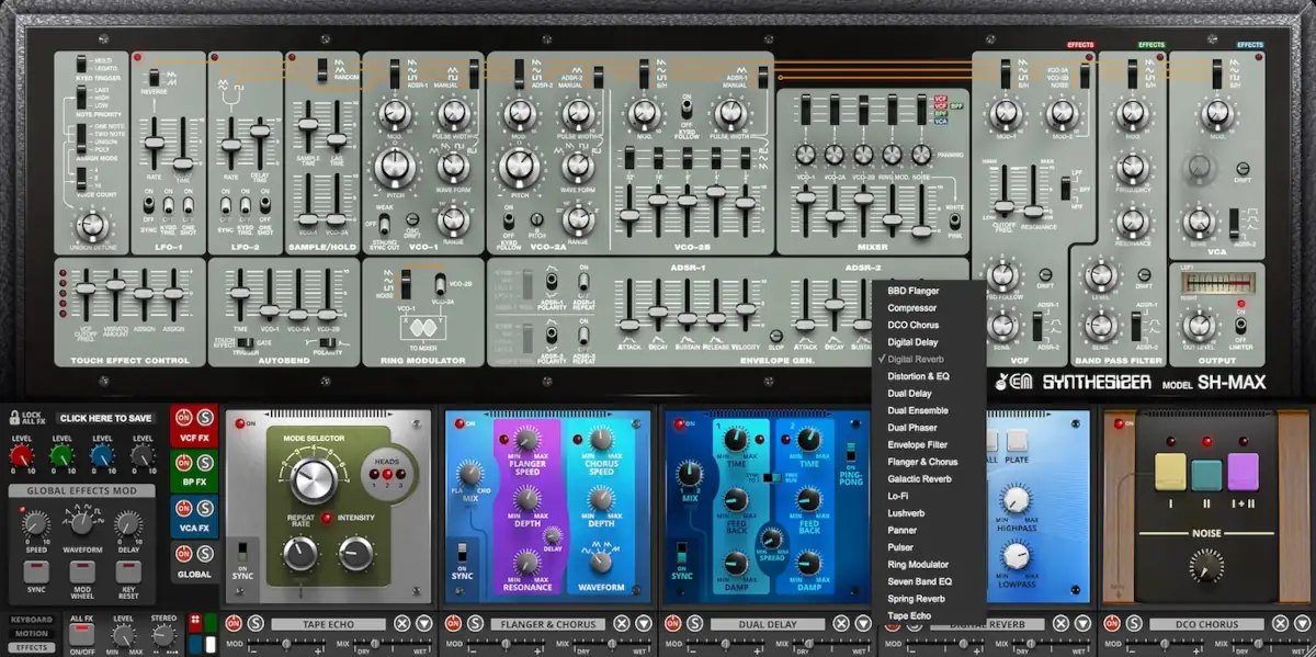 SH-MAXの画面。下にエフェクトが並び、メニューにはBBD Flanger、Compressor、Digital Reverbなどの名前が表示されている