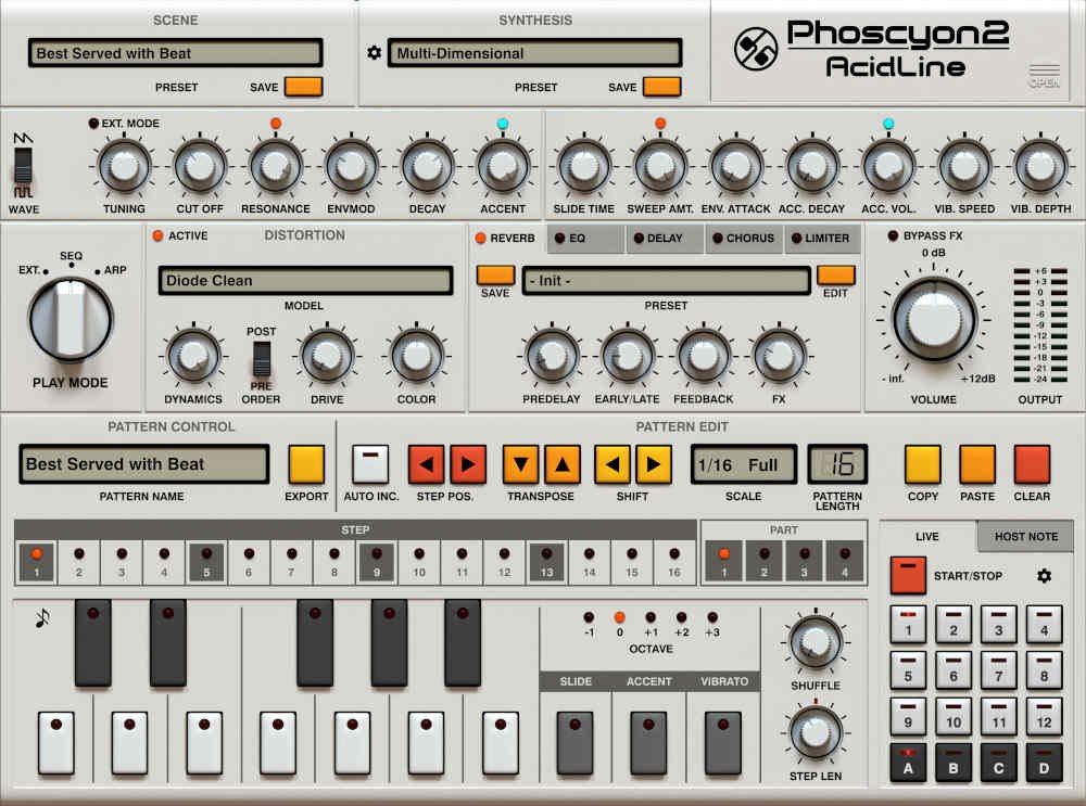 Phoscyon 2 interface: knobs for Tuning, Cut Off and Resonance at the top, Distortion and Reverb in the middle, and pattern settings with a keyboard at the bottom