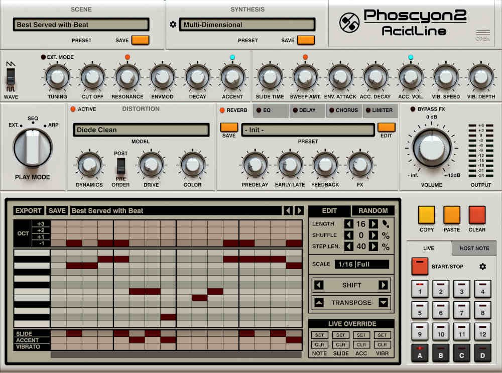 Phoscyon 2 pattern editor: a grid showing note pitch and length, with Length and Shuffle settings on the right