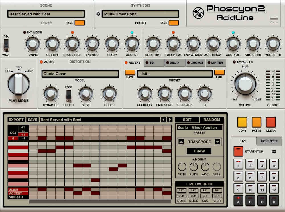 Phoscyon 2 pattern editor: to the right of the grid, a Scale preset named Minor Aeolian and a Transpose setting