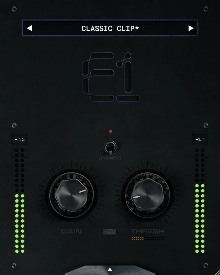 E1の画面。上にプリセット名「CLASSIC CLIP」と「E1」のロゴ、中央にGAINとTHRESHのつまみ、左右にレベルメーターが並ぶ