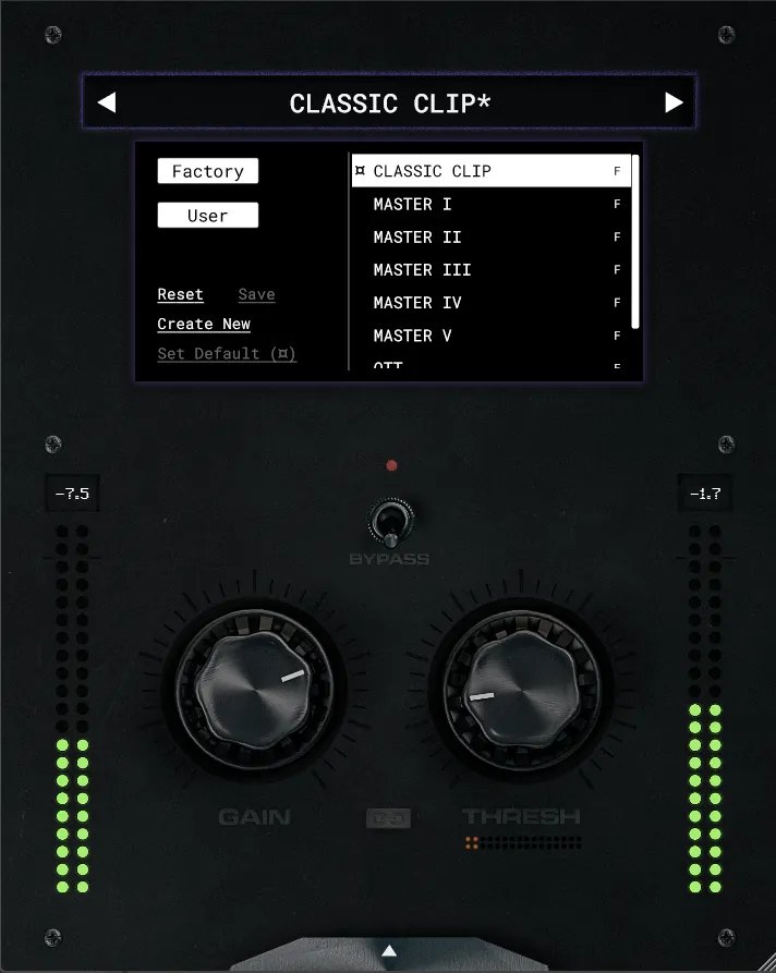 E1の画面。プリセットの一覧が開き、「CLASSIC CLIP」「MASTER I」などの名前が並ぶ