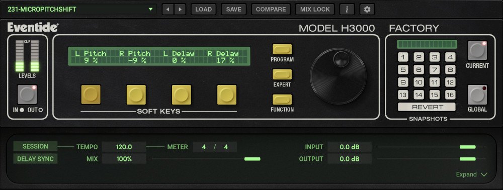 H3000 Factoryの画面。上に4つの数値表示（L Pitch、R Pitch、L Delay、R Delay）とソフトキー、右にSnapshotsのボタン、下にTempoやMixが並ぶ