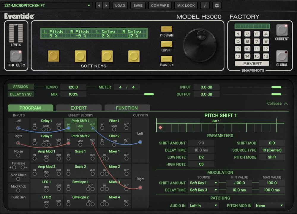 H3000 Factoryの画面。下のパネルが開き、Delay、Pitch Shift、Filter、Mixerなどのエフェクトブロックが線でつながれている。右にPitch Shift 1の設定がある