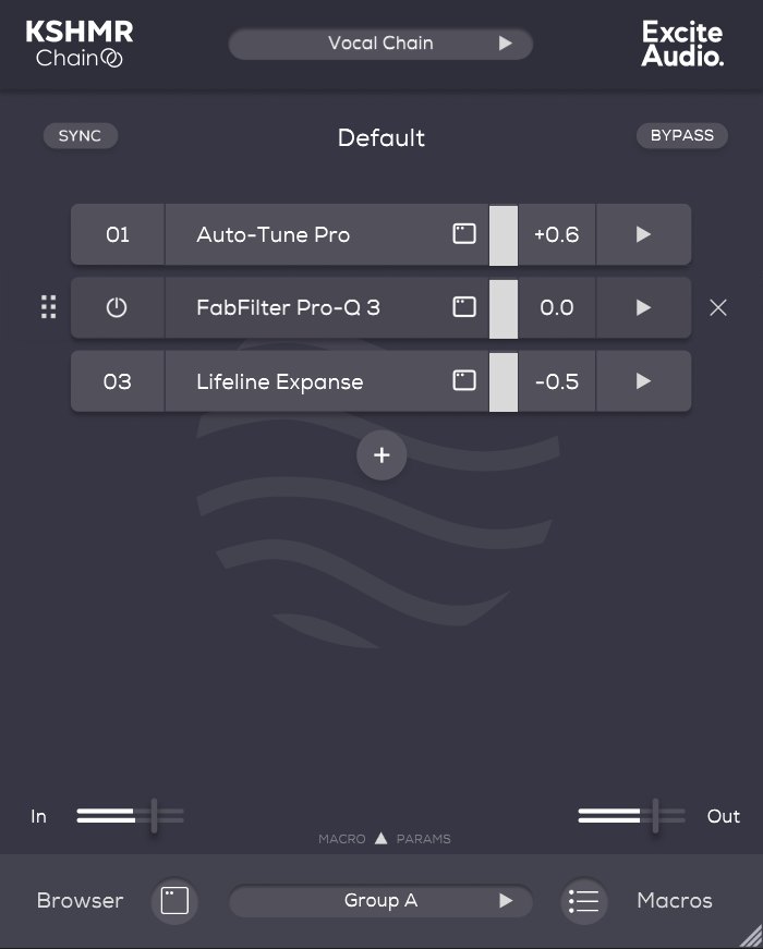 KSHMR Chainの画面。「Vocal Chain」の下に、Auto-Tune Pro、FabFilter Pro-Q 3、Lifeline Expanseが並んでいる