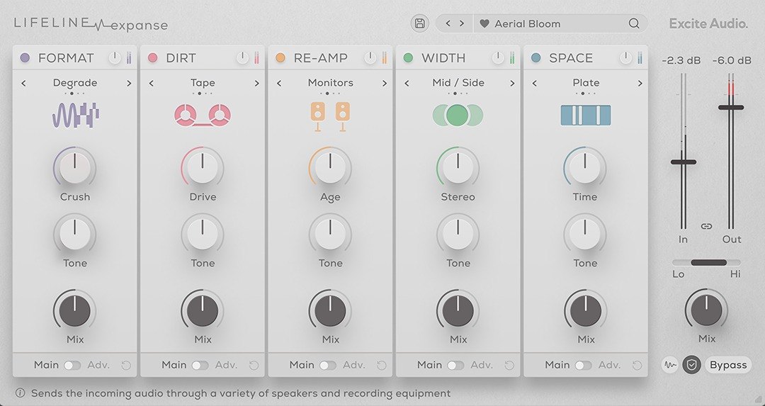 Lifeline Expanseの画面。Heat、Dirt、Re-Amp、Width、Spaceの5つの部分が並び、右にIn・Outのフェーダーがある