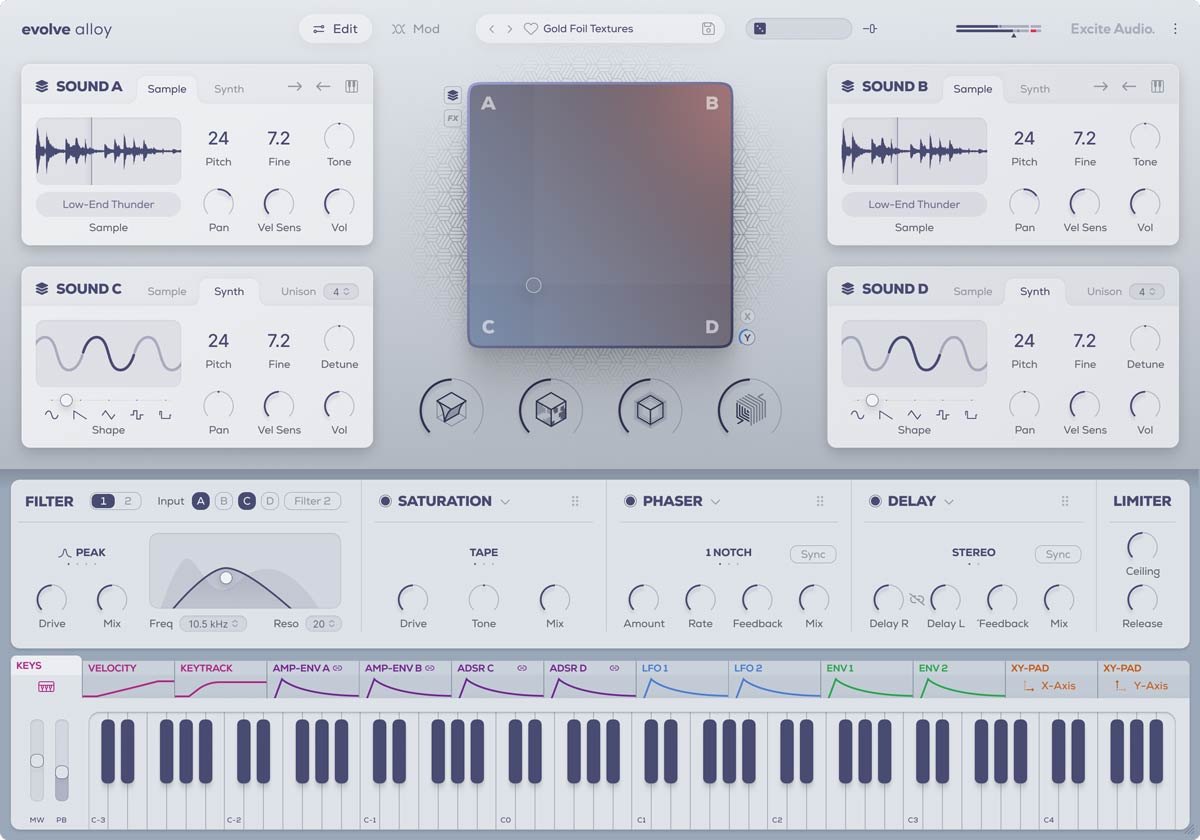 Evolveの画面。中央にA〜Dを選ぶ四角いパッド、周りにSound A〜Dの4つのレイヤー、下にFilter、Saturation、Phaser、Delay、Limiterと鍵盤が並ぶ
