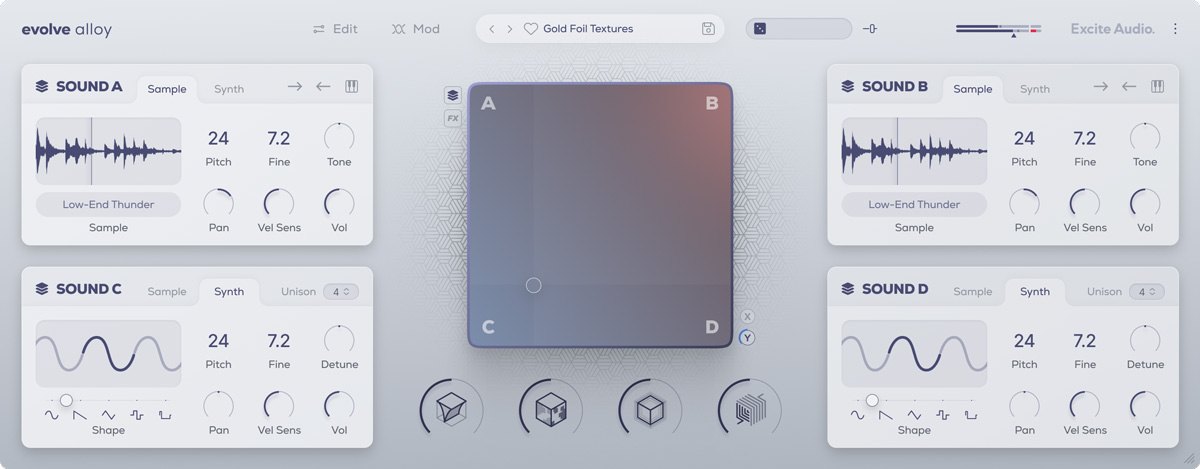 Evolveの画面（上半分）。中央のパッドと、Sound A〜Dの4つのレイヤーが表示されている