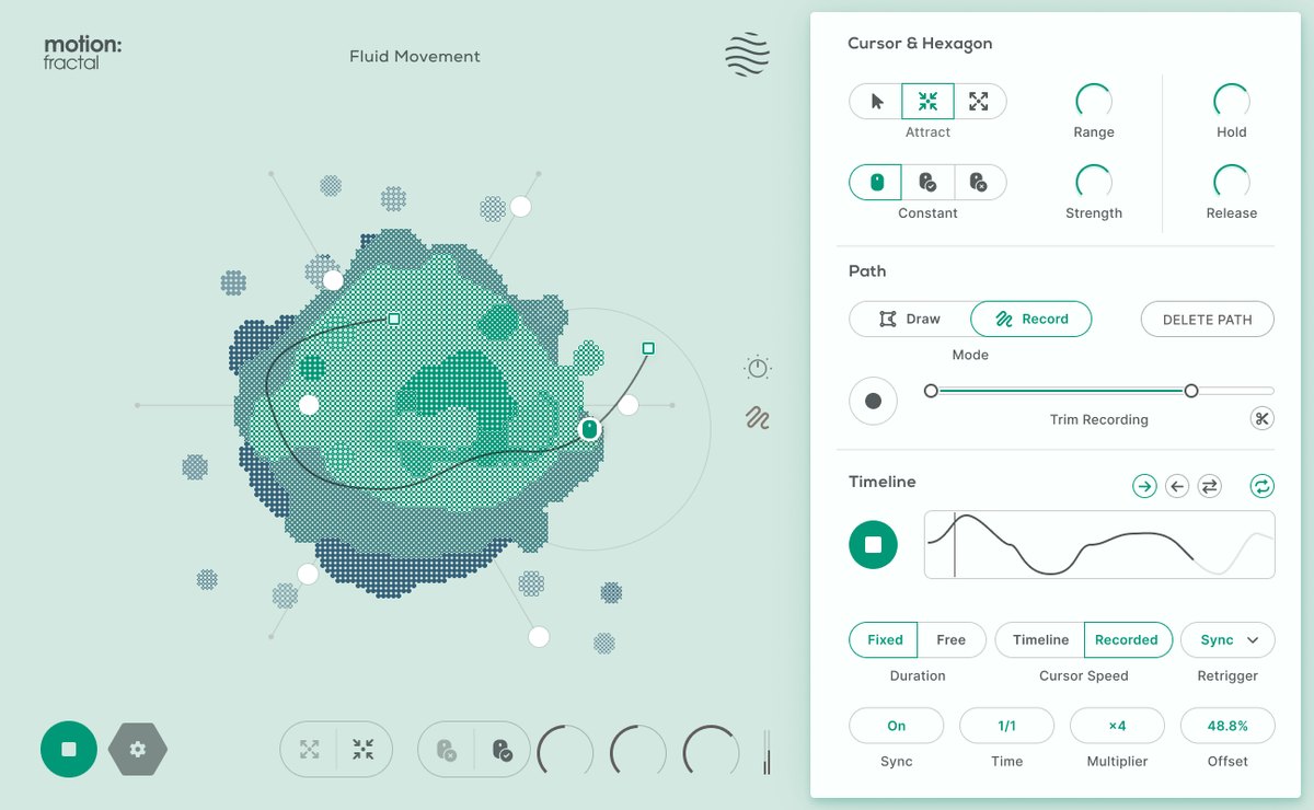 Motion: Fractalの画面。緑のドットの塊の上に、線の経路が描かれている。右にCursor & HexagonとPath、Timelineの設定が並ぶ