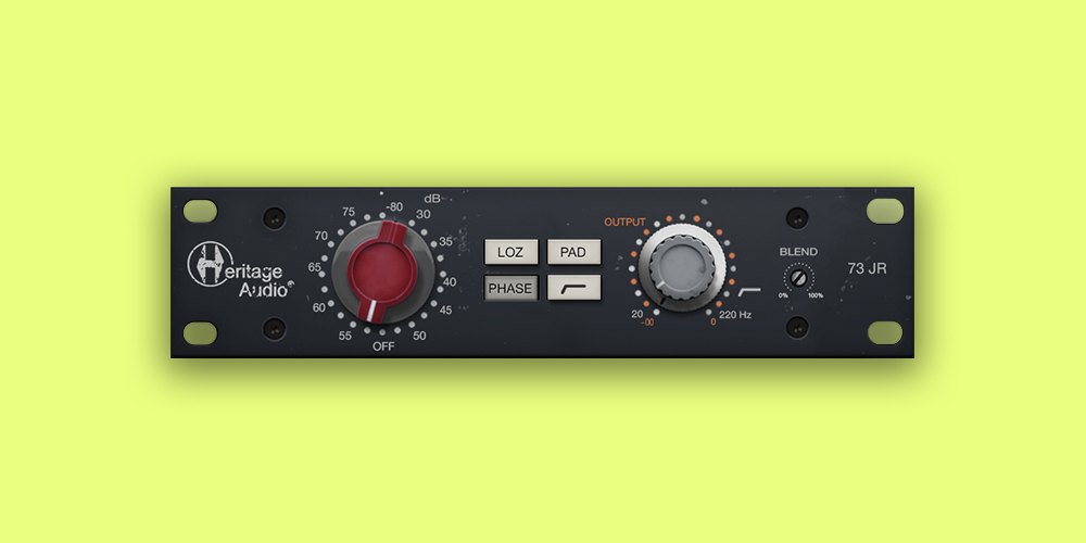 黄緑色の背景に、Heritage Audio 73 JRの画面が1つ置かれている。赤いGainつまみ、Output、Blendのつまみが見える