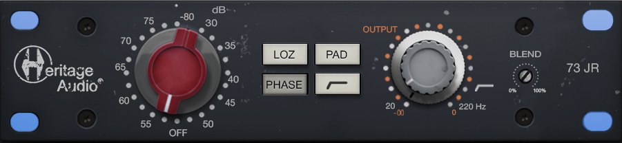 73 JRの画面の拡大。赤いGainのつまみ、LOZ・PAD・PHASEのボタン、Output、Blendのつまみが並ぶ