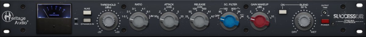 SUCCESSORの画面。左にメーター、Threshold、Ratio、Attack、Release、SC. Filter、Gain Makeup、Blendのつまみが並ぶ