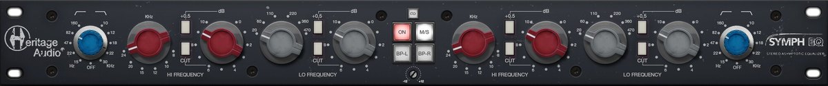SYMPH EQの画面。左右のチャンネルにHi FrequencyとLo Frequencyのつまみが並び、中央にON・M/Sなどのボタンがある