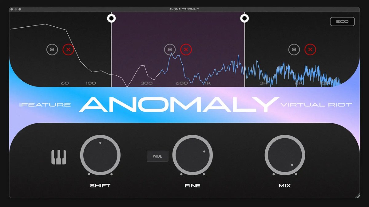 ANOMALYの画面。上にスペクトラムと2本の区切り線で分けた3つの帯、下にSHIFT、FINE、MIXのつまみが並ぶ