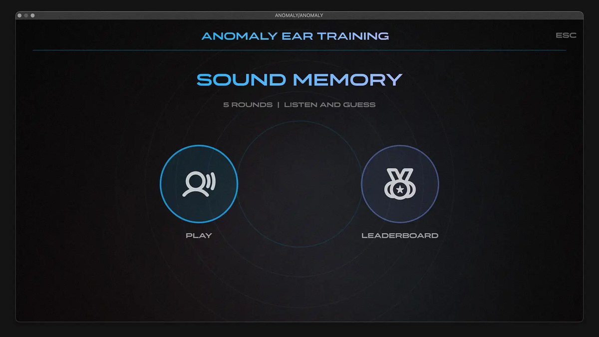 ANOMALYの耳のトレーニングの画面。「SOUND MEMORY」の文字と、PLAYとLEADERBOARDのボタンが表示されている