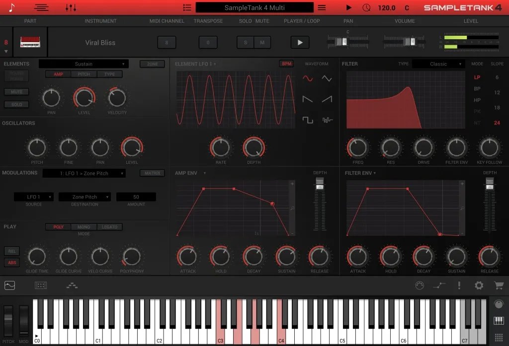 SampleTank 4の編集画面。LFO、フィルター、エンベロープの設定が表示されている