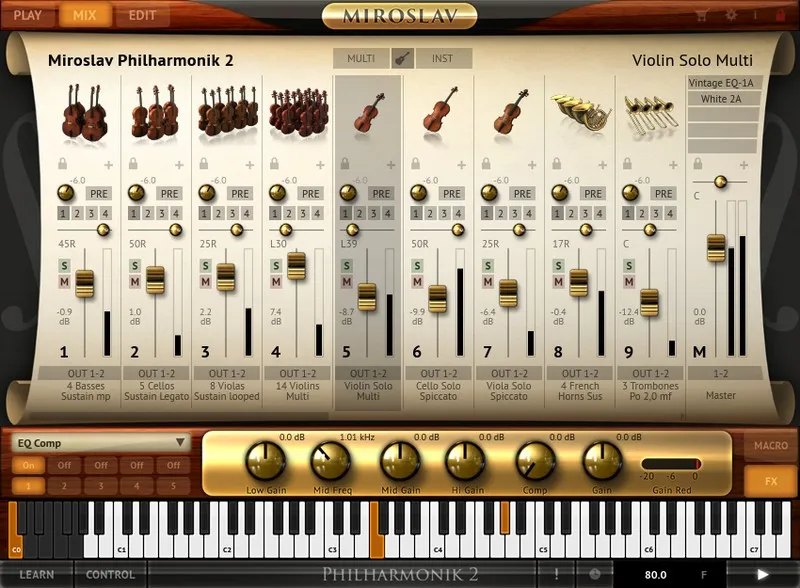 Miroslav Philharmonik 2の画面。バイオリン、チェロ、ホルンなどのチャンネルが並び、下にイコライザーのつまみがある