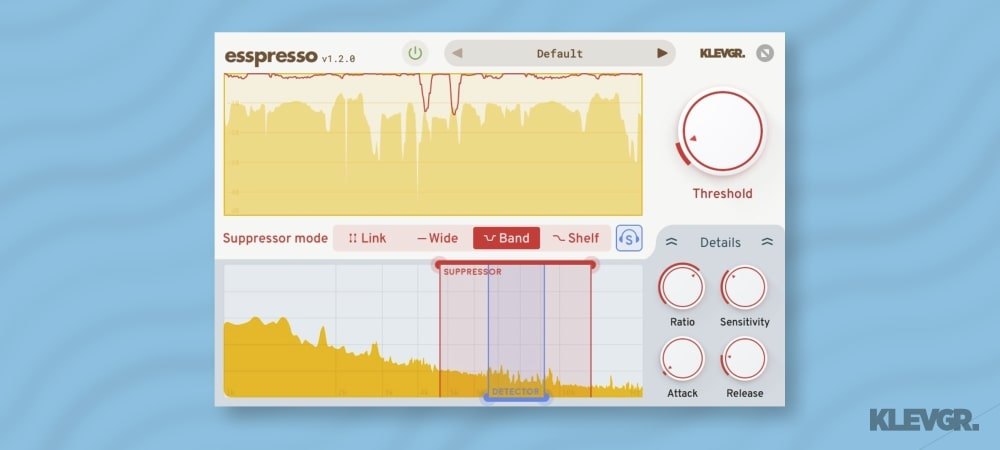 青い背景に、esspressoの画面が置かれている。上に周波数の表示、右にThresholdのつまみ、下にSuppressor modeとRatio、Sensitivity、Attack、Releaseが並ぶ