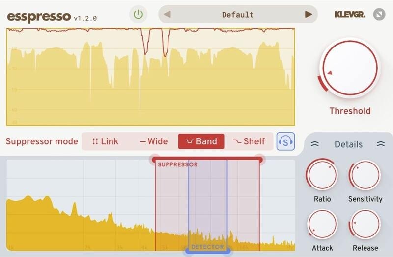 esspressoの画面の拡大。Suppressor modeに「Link」「Wide」「Band」「Shelf」があり、下の周波数表示にSUPPRESSORとDETECTORの帯が重なっている