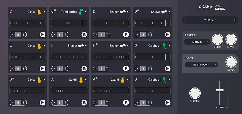 SKAKAの画面の拡大。12のスロットにCaxixi、Tambourine、Shaker、Calabashが並び、右にReverb、Room、Hi Shelf、Outputがある