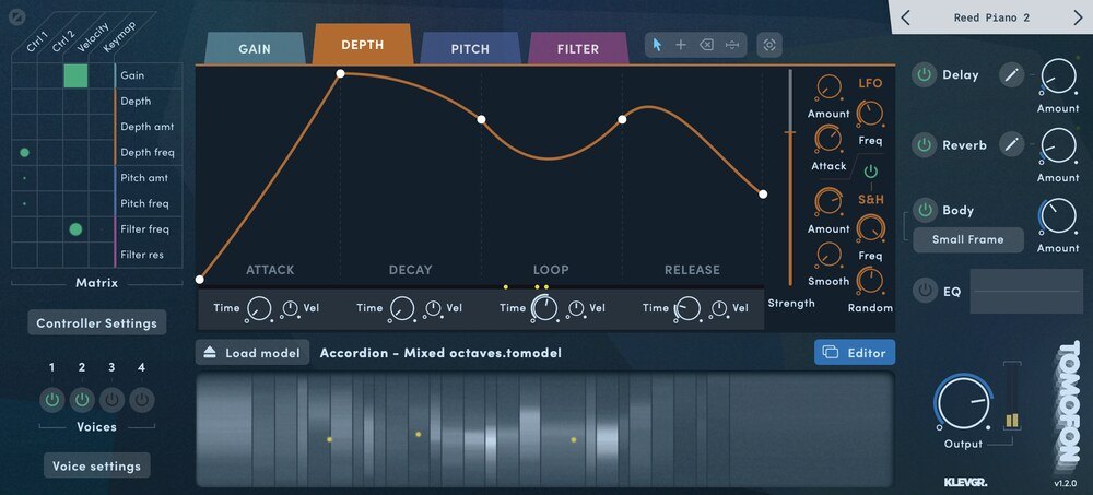 Tomofonの画面の拡大。Depthのタブにエンベロープの曲線、左にMatrix、右にLFO、S&H、Delay、Reverb、Bodyの設定がある