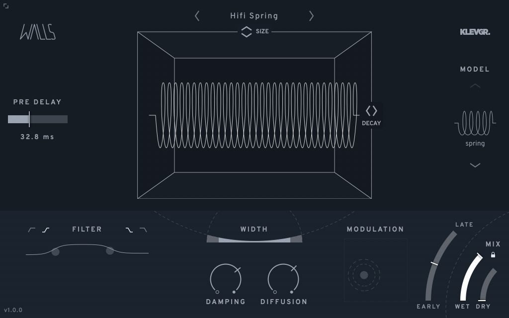 Wallsの画面。プリセット名は「Hifi Spring」で、中央の箱の中にバネの波形が表示され、左にPre Delay、下にFilter、Width、Modulation、Mixが並ぶ
