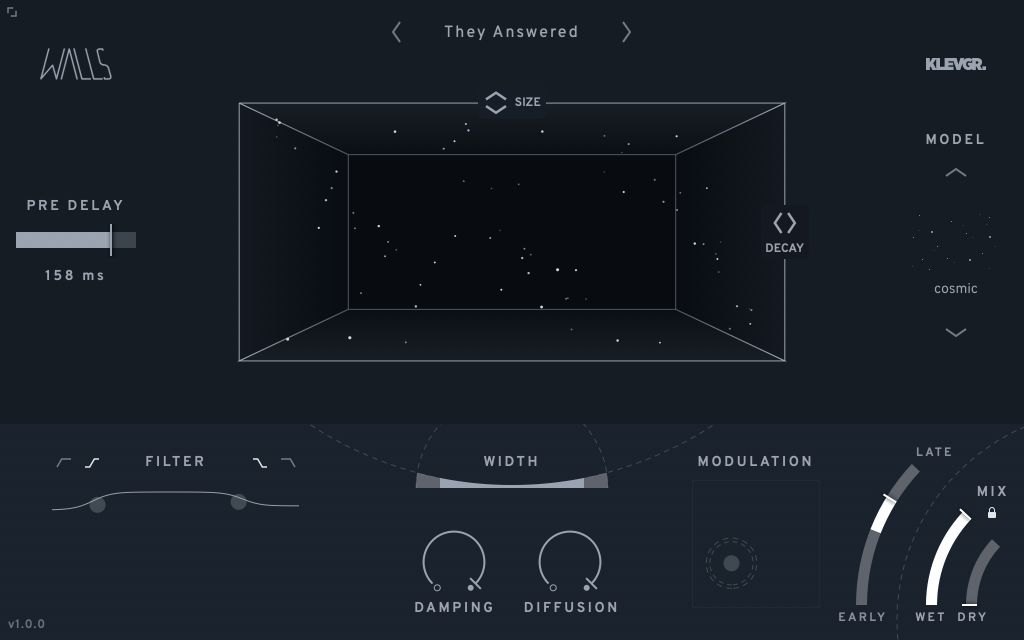 Wallsの画面。プリセット名は「They Answered」で、中央の暗い箱の中に小さな点が散らばっている。モデルは「cosmic」