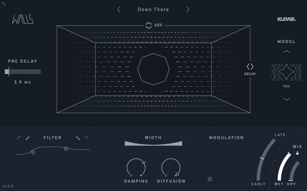 Wallsの画面。プリセット名は「Down There」で、中央の箱に八角形と横線の模様が表示されている。モデルは「hex」