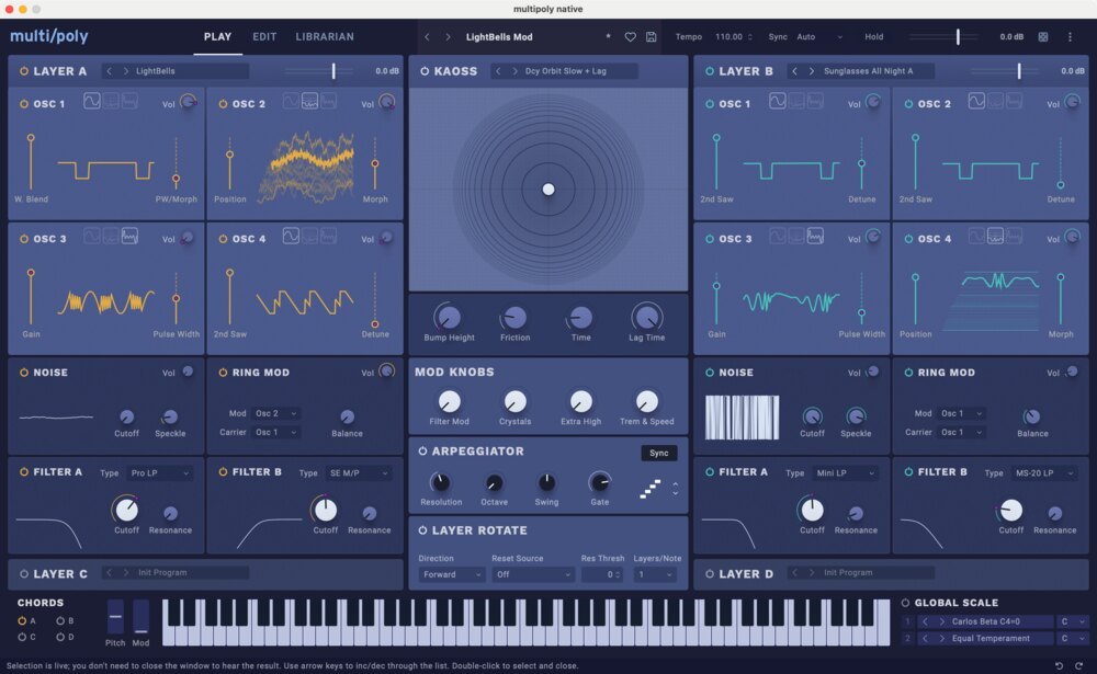 multi/poly nativeのPLAY画面。4つのレイヤー(A〜D)ごとにOSC、NOISE、RING MOD、FILTERが並び、中央にKAOSS、MOD KNOBS、ARPEGGIATORがある