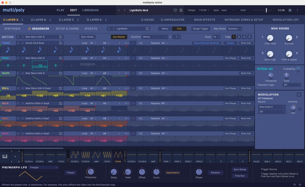 multi/poly nativeのEDIT画面(SEQUENCER)。MOTION、PITCH、SHAPE、SEQ A〜Dの段が並び、右にMOD KNOBSとMODULATIONの設定がある