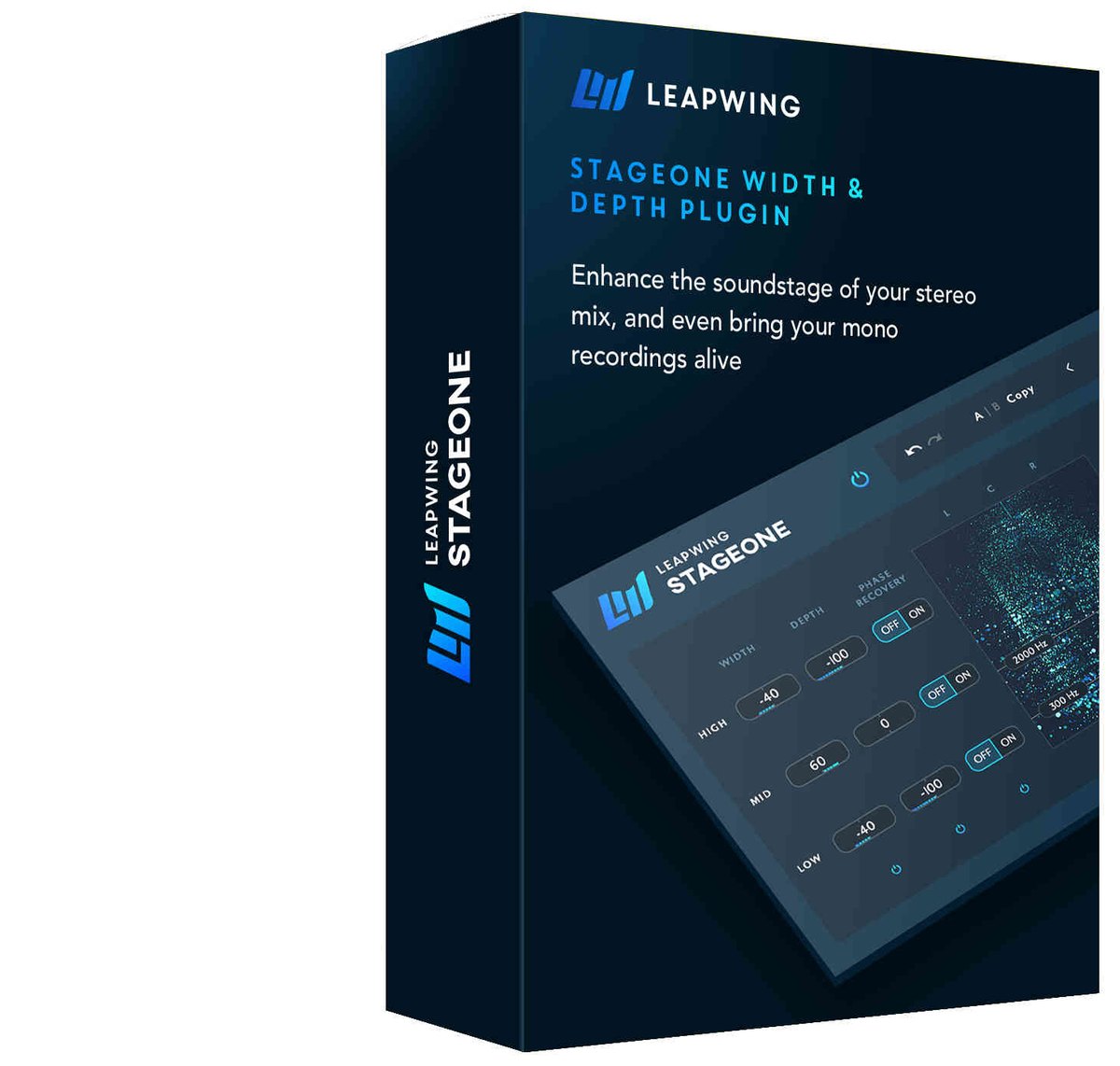 StageOneのパッケージ画像。箱に「LEAPWING STAGEONE」「STAGEONE WIDTH & DEPTH PLUGIN」の文字と、画面の絵がある