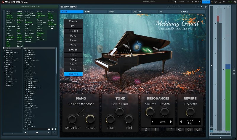 MeldwayGrandのINTRO画面。森を背景にグランドピアノがあり、下にPIANO、TONE、RESONANCES、REVERBのつまみが並ぶ