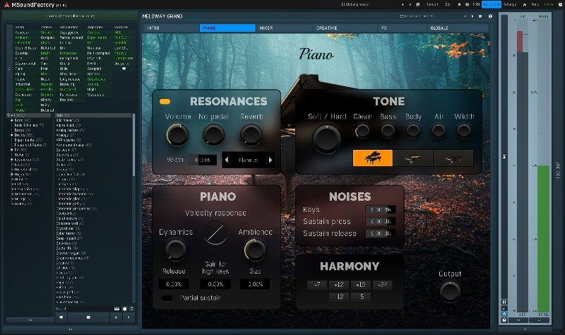 MeldwayGrandのPIANO画面。RESONANCES、TONE、PIANO、NOISES、HARMONYの設定が表示されている
