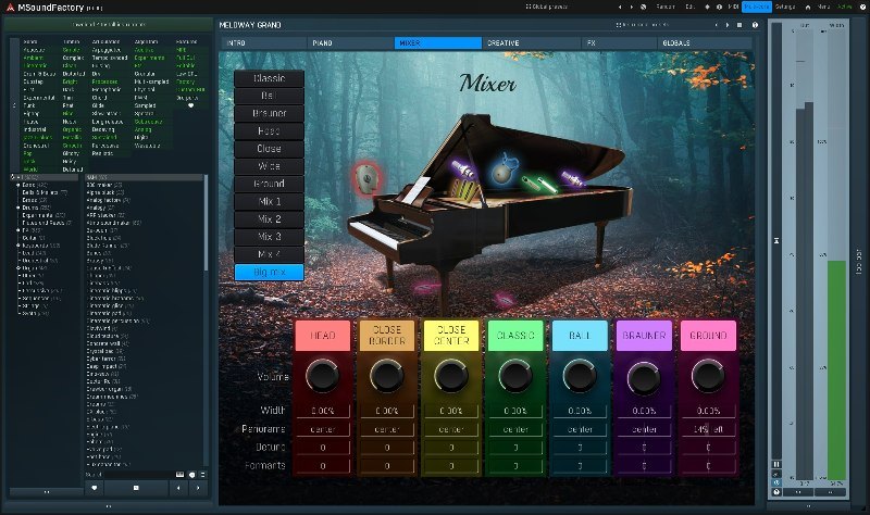 MeldwayGrandのMIXER画面。HEAD、CLOSE、CLASSICなど、マイク位置ごとのチャンネルが色分けして並ぶ