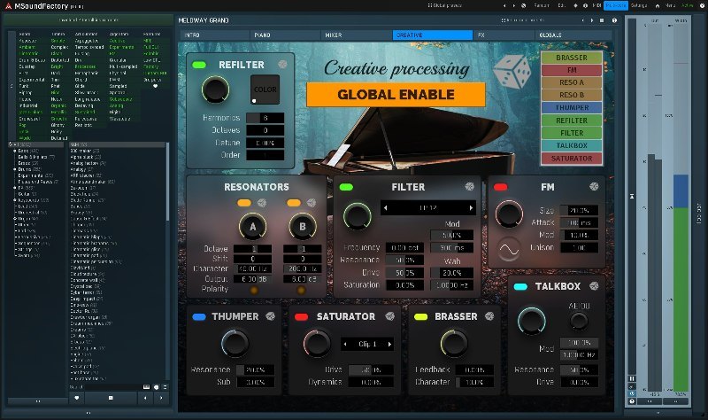 MeldwayGrandのCREATIVE画面。REFILTER、RESONATORS、FILTER、FM、THUMPER、SATURATOR、BRASSER、TALKBOXの設定が並ぶ