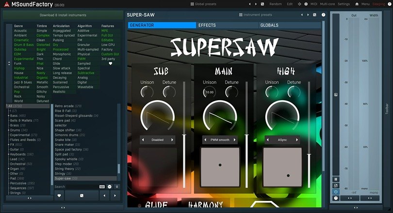 MSoundFactoryの画面。左に音色の一覧、中央に「SUPER-SAW」のGENERATOR(SUB、MAIN、HIGHのUnisonとDetune)が表示されている
