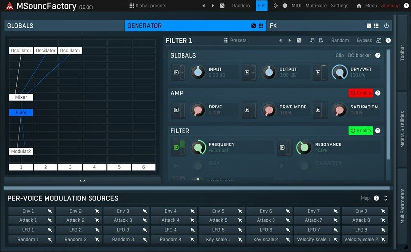 MSoundFactoryのモジュールの画面。左にOscillator、Mixer、Filterなどのつながり、右にFILTER 1のINPUT、OUTPUT、DRIVE、FREQUENCYなどの設定がある