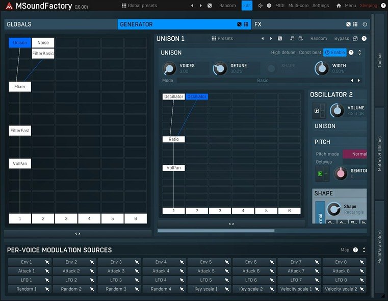 MSoundFactoryのモジュールの画面。Unison、Noise、Mixerなどのつながりと、UNISONとOSCILLATOR 2の設定が表示されている