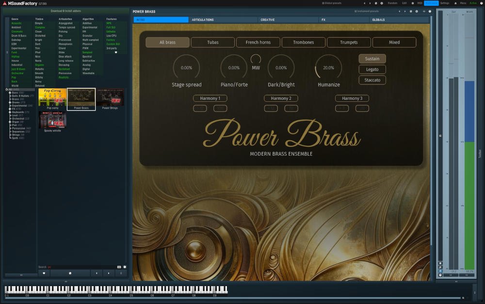 PowerBrassの画面。「Power Brass」のロゴの上に、All brass、Tubas、French horns、Trombones、Trumpets、Mixedのボタンと、Stage spreadなどのつまみが並ぶ