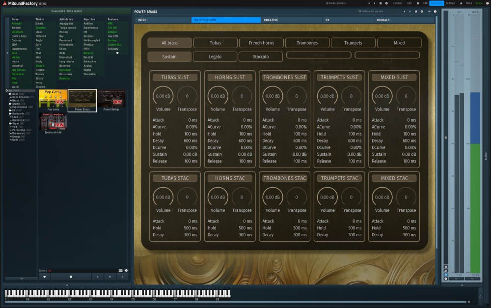 PowerBrassのARTICULATIONS画面。Tubas、Horns、Trombonesなどの楽器ごとに、SustainとStaccatoのVolumeとTransposeの設定が並ぶ