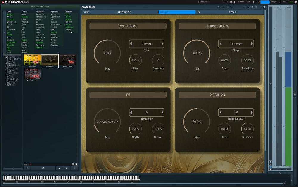 PowerBrassのCREATIVE画面。SYNTH BRASS、CONVOLUTION、FM、DIFFUSIONの設定が並ぶ