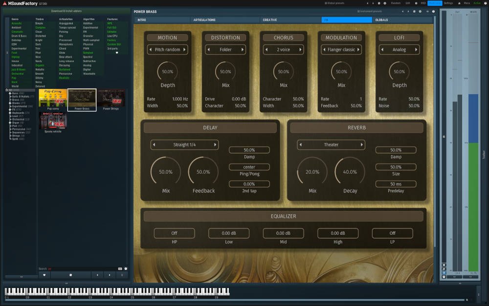 PowerBrassのFX画面。MOTION、DISTORTION、CHORUS、MODULATION、LOFI、DELAY、REVERB、EQUALIZERの設定が並ぶ
