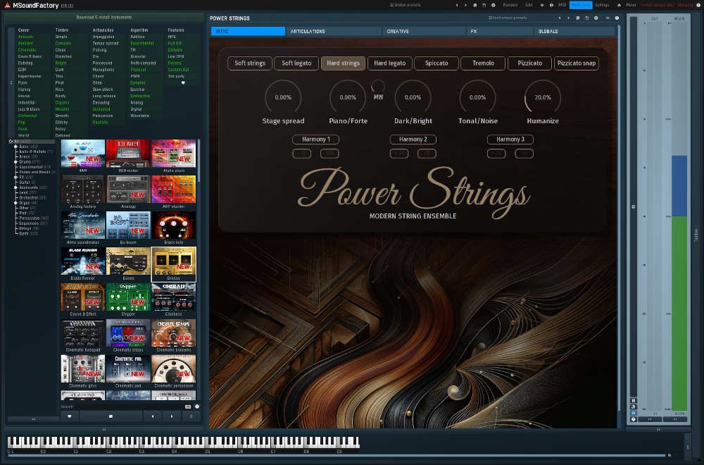 PowerStringsの画面。「Power Strings」のロゴの上に、Soft strings、Hard legatoなどの奏法のボタンと、Stage spreadなどのつまみが並ぶ