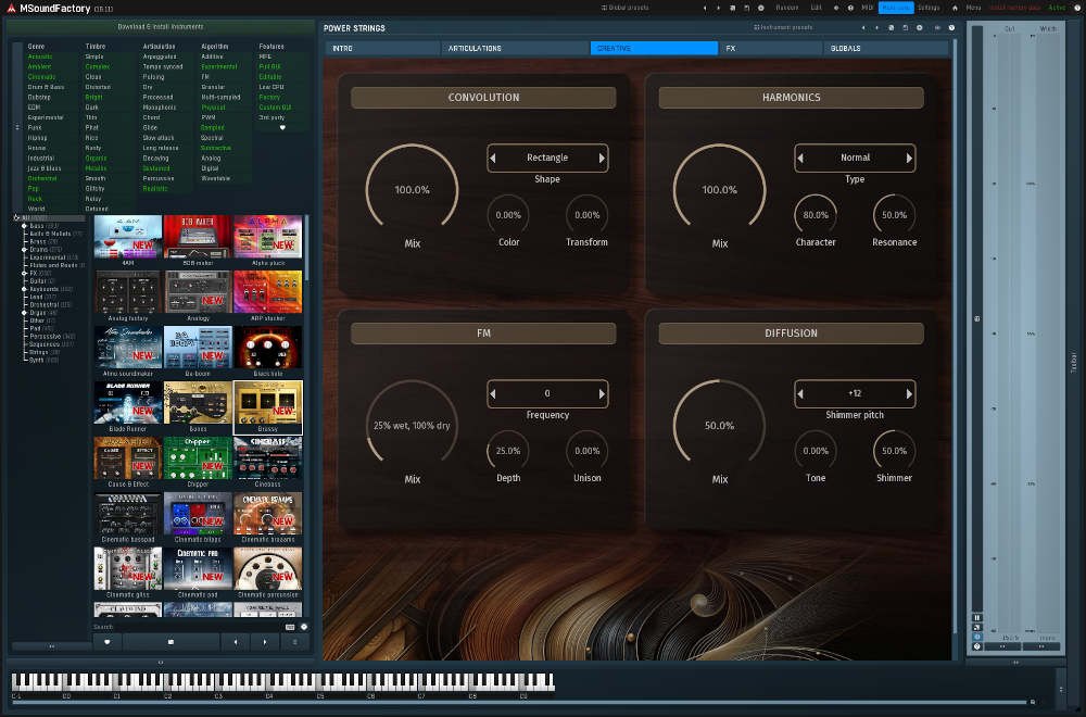 PowerStringsのCREATIVE画面。CONVOLUTION、HARMONICS、FM、DIFFUSIONの設定が並ぶ