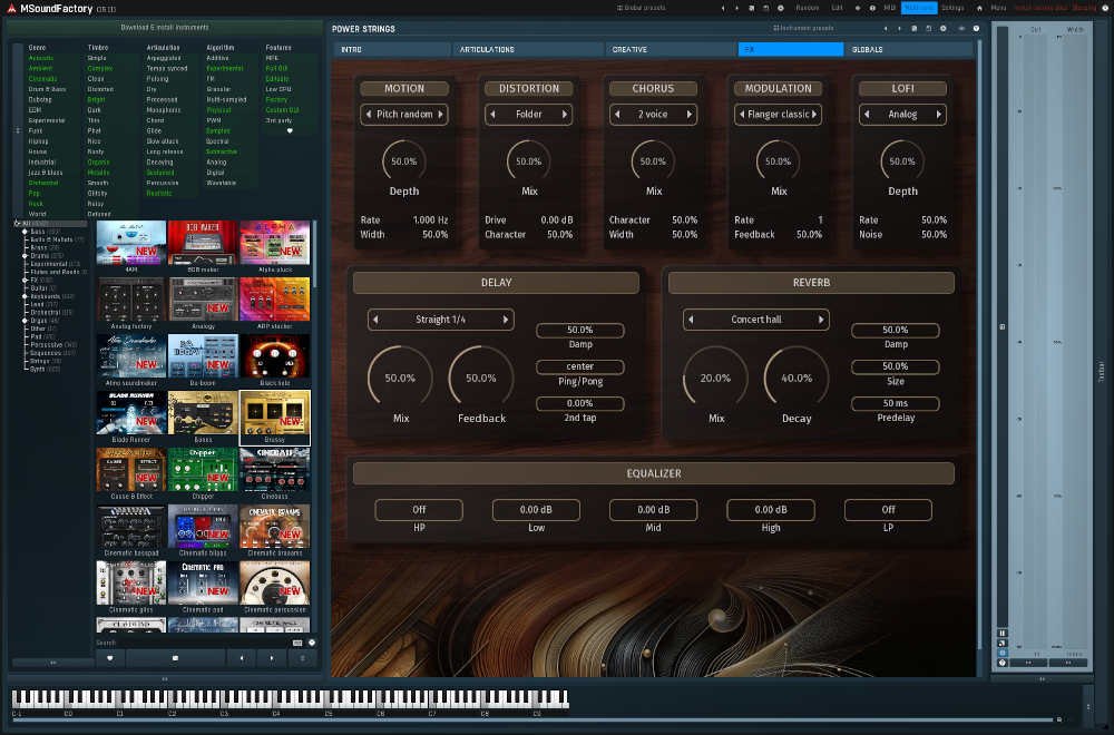 PowerStringsのFX画面。MOTION、DISTORTION、CHORUS、MODULATION、LOFI、DELAY、REVERB、EQUALIZERの設定が並ぶ