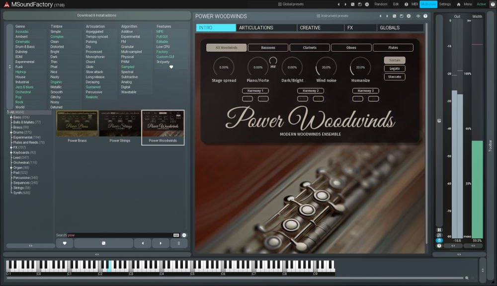 Power Woodwindsの画面。「Power Woodwinds」のロゴの上に、All woodwinds、Bassoons、Clarinets、Oboes、Flutesのボタンと、Stage spreadなどのつまみが並ぶ