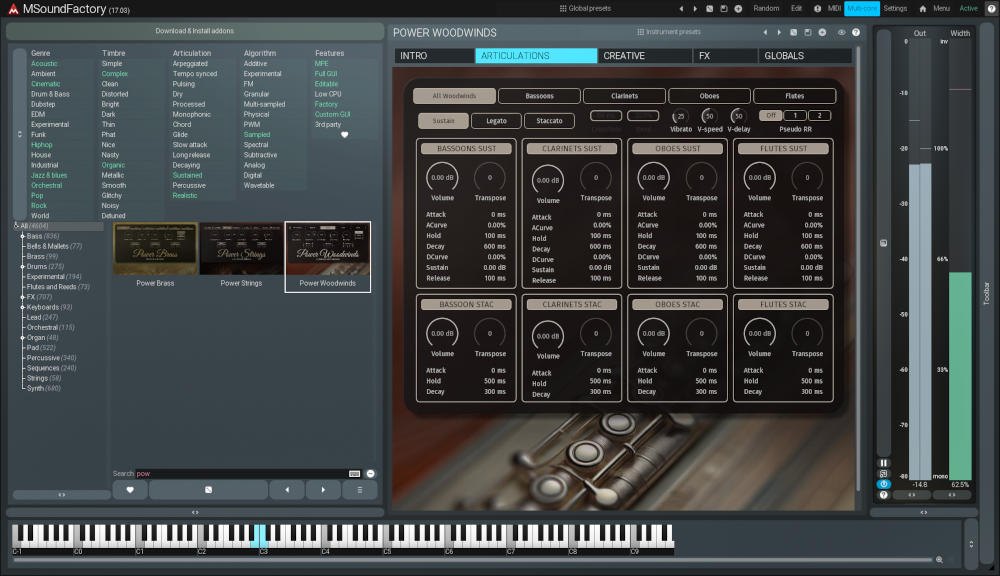 Power WoodwindsのARTICULATIONS画面。Bassoons、Clarinets、Oboes、Flutesごとに、SustainとStaccatoの設定が並ぶ