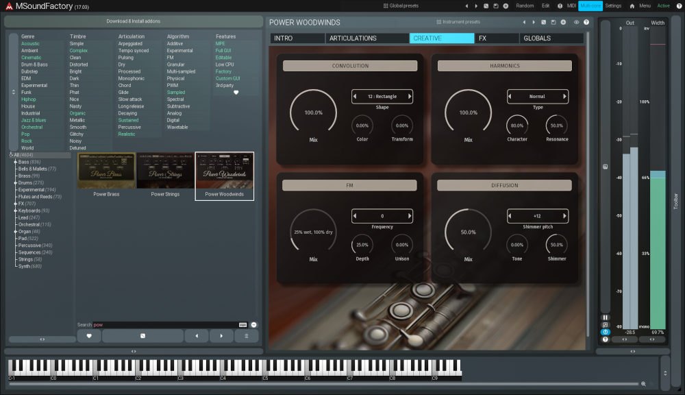 Power WoodwindsのCREATIVE画面。CONVOLUTION、HARMONICS、FM、DIFFUSIONの設定が並ぶ