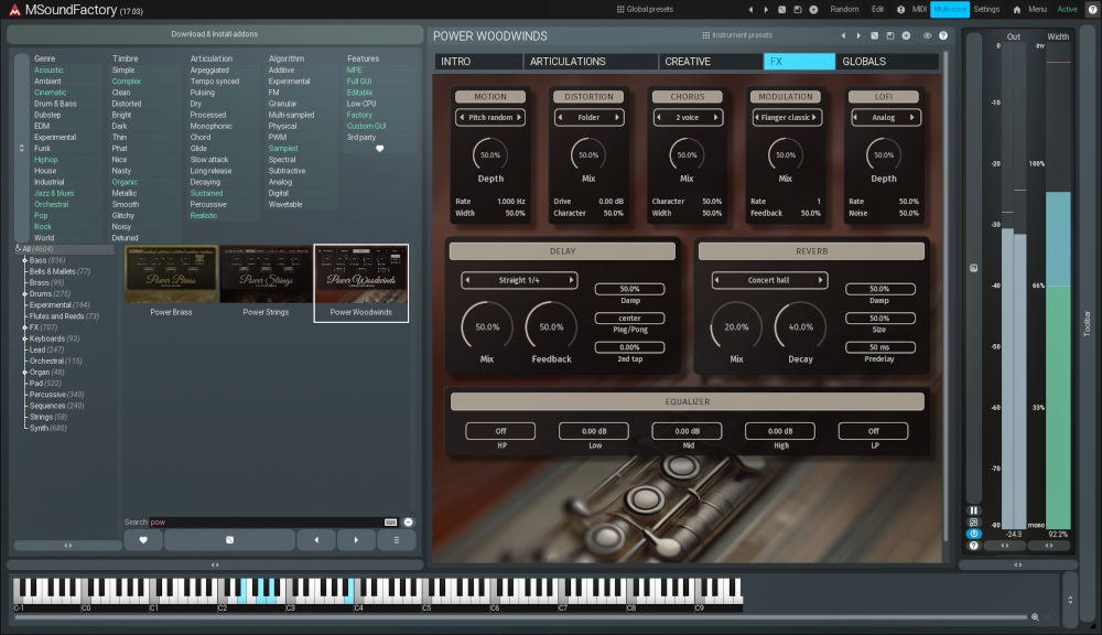 Power WoodwindsのFX画面。MOTION、DISTORTION、CHORUS、MODULATION、LOFI、DELAY、REVERB、EQUALIZERの設定が並ぶ